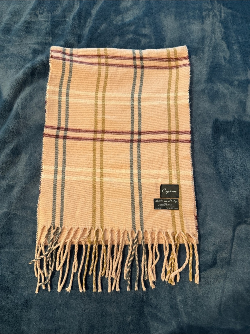 Cejon Blush Pink Plaid Fringe Scarf with Green and Blue Stripes